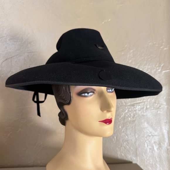 DASHING 1940s' BLACK FELT WIDE BRIM HAT + CONICAL CROWN + LARGE SEQUIN TRIM